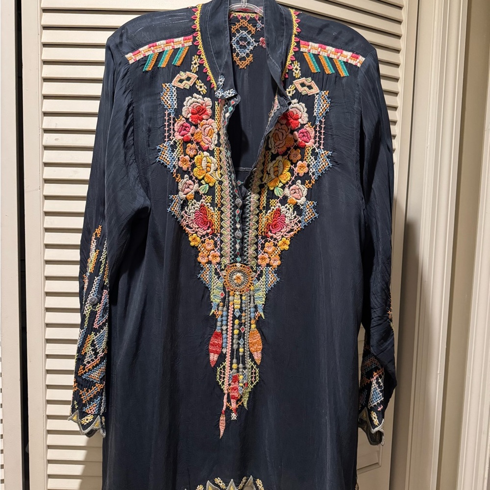 Johnny Was Dark Tunic with Colorful Embroidery